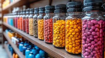 Colorful assortment of pills and capsules displayed in glass jars on a wooden shelf in a pharmaceutical store photo
