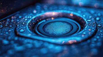 Close-up view of a fingerprint scanner surrounded by water droplets highlighting technology and security at night photo