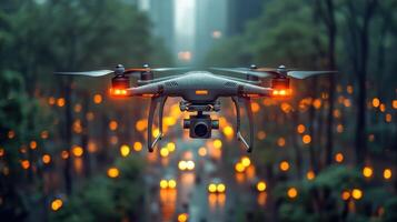 Drone flying above a busy urban street at dusk captured with glowing lights and tall buildings in the background photo