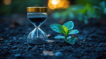 Growth of nature represented by a young plant and an hourglass highlighting the passage of time in an outdoor setting photo