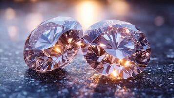 Beautifully cut diamonds shining on a reflective surface in a soft light photo
