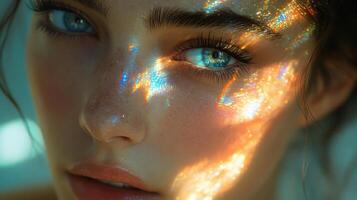 Soft light creates colorful reflections on a woman's face highlighting her striking features in a serene setting photo