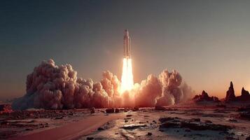 Rocket launch creates massive clouds of smoke against a stunning sunset sky in a remote desert landscape photo