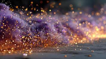 Colorful dust particles swirl in a vibrant display during a celebration outdoors at sunset photo