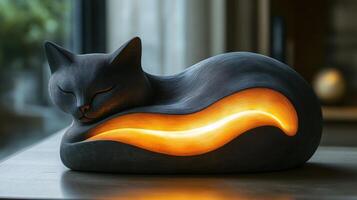Decorative cat sculpture with warm light creates a cozy atmosphere in a modern living room photo