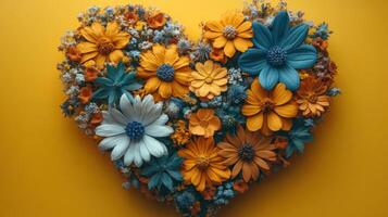 Colorful floral heart creation with vibrant blooms on a yellow background during spring season photo