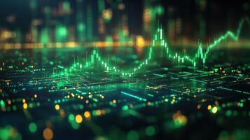 Digital stock market graph representing financial trends and data analysis in a modern city setting at night photo