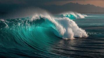 Turquoise ocean waves crashing against the shore under a dramatic sky at dusk in a coastal location photo