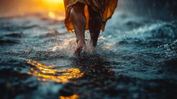 Walking through water at sunset while clouds gather overhead creates a serene yet dramatic atmosphere in nature photo