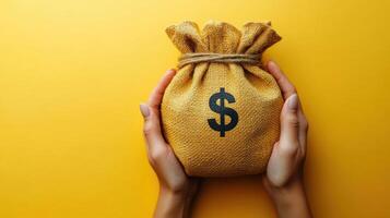 Hands holding a burlap sack of money on a bright yellow background in a simple and direct manner photo