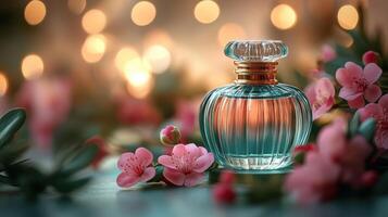 Elegant perfume bottle surrounded by flowers illuminated by soft lights during a serene evening setting photo