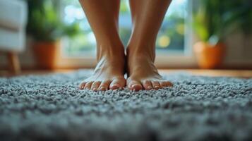 Standing on a soft rug, a person enjoys the comfort of their home in a well-lit, cozy room with plants photo