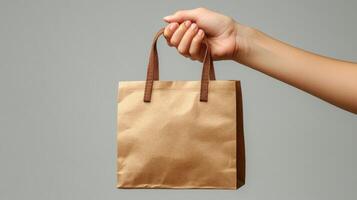Hand holding a small brown paper bag against a neutral background showcasing its simple design and eco-friendly appeal photo