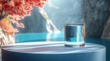 Clear glass of water on a blue table by the serene turquoise lake surrounded by majestic cliffs at dawn photo