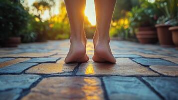 Barefoot walking on a stone path during sunset in a lush garden photo