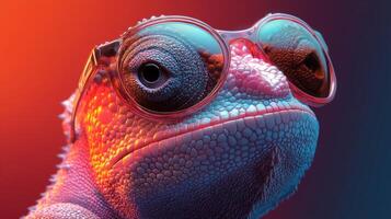 Colorful lizard wearing glasses poses against a vibrant background with an artistic glow photo