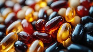 Various colored capsules and soft gels arranged closely, showcasing their diverse shapes and textures in a detailed display photo