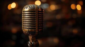 Vintage microphone in a dimly lit venue ready for a live performance at nighttime photo