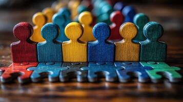 Colorful wooden figures stand in a row behind interlocking puzzle pieces on a wooden surface in a cozy setting photo