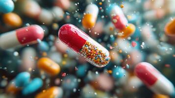 Colorful capsules spilling into the air in a dynamic representation of pharmaceuticals and health photo