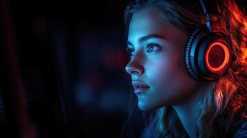 Young gamer focused on screen with colorful lighting at night, immersed in gameplay in a modern gaming environment photo