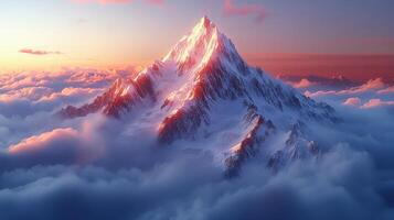 Majestic mountain peak rises above clouds at sunset with vibrant orange and pink sky photo