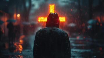 Dark night under the rain with a glowing cross illuminating the city street and a figure in a hooded jacket photo