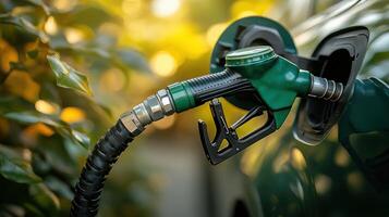 Fuel nozzle being inserted into a vehicle at a gas station during sunset in a serene outdoor setting photo