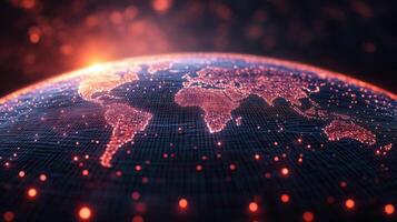 Illuminated world map glowing with interconnected dots and lines showcasing global networks and data visualization photo