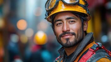 Worker smiles confidently during construction in urban setting showcasing focus and dedication to craft photo