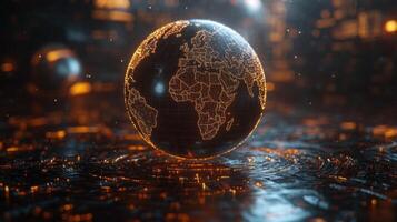 Glowing digital globe representing a futuristic view of Earth with vibrant lights and a dark background photo