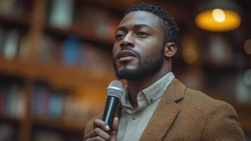 Speaker giving an inspiring talk in a cozy library setting during a community event photo