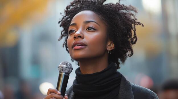 Public speaker addresses audience during outdoor event in urban setting on a sunny day photo