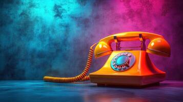 Colorful vintage telephone against vibrant lighting in a modern setting showcasing retro design and artistic decoration photo