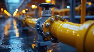 Industrial pipeline with valve in operational facility showcasing shiny surface and bright lighting photo