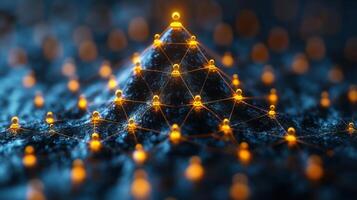 Digital mountain structure with glowing nodes and connections at night photo