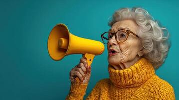 Senior woman using yellow megaphone to express her thoughts in a bright blue setting photo