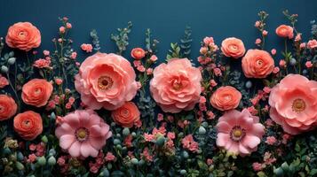 Vibrant display of coral flowers arranged harmoniously against a blue background in a floral design showcase photo
