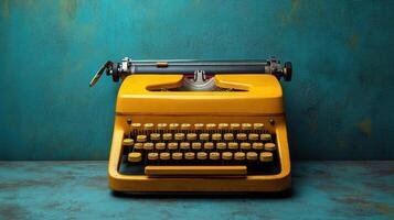 Vintage yellow typewriter on textured blue background with vibrant colors and character photo