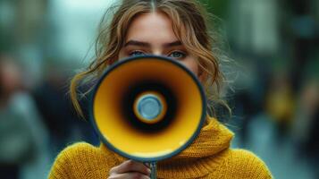 Woman holding megaphone in a bustling city street during a lively daytime gathering photo