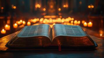 Open Bible resting on a wooden table surrounded by flickering candles in a dimly lit sanctuary photo