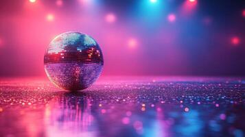 Colorful disco ball reflects lights in a vibrant dance floor setting during an evening party event photo