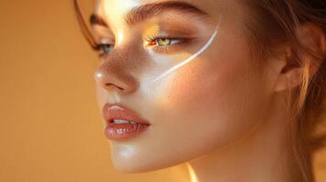 Young woman with radiant skin and bold makeup accentuated by warm sunlight in a serene indoor setting photo