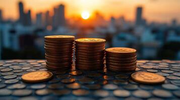 Stacked coins on a table with a city skyline and sunset in the background photo