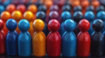 Colorful wooden figurines arranged in rows creating a vibrant display at a local craft market photo