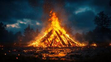 Large bonfire burns brightly in the night sky surrounded by trees and reflecting on the wet ground photo
