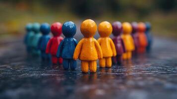Colorful wooden figures arranged in a circle on a wet surface outdoors during a rainy day photo