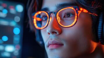 Young gamer focused on action in a dark room with illuminated glasses and headset during late-night gaming session photo