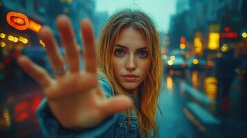 Young woman with blue eyes gestures towards the camera on a rainy urban street in the evening light photo