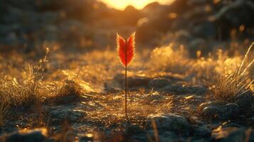 Vibrant red plant stands alone among golden grass during sunset in a tranquil natural setting photo